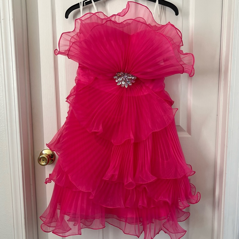 NWT Terani Hot Pink Ruffled Pleated Gown size 8